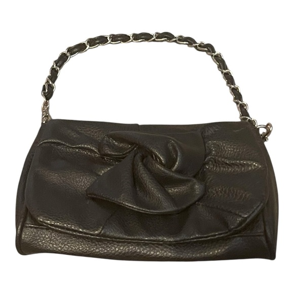 Handbags - Black Pebbled Leather Mini Shoulder Bag Knot Detail Chain Strap Y2K Clutch (A)